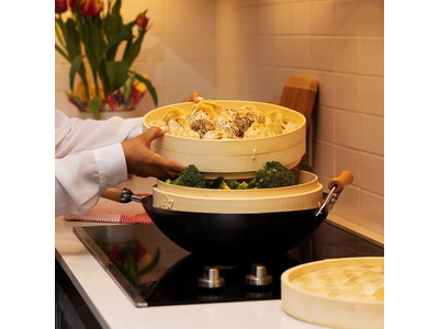 डिम सम पकाने के लिए चीनी बांस की भाप टोकरी